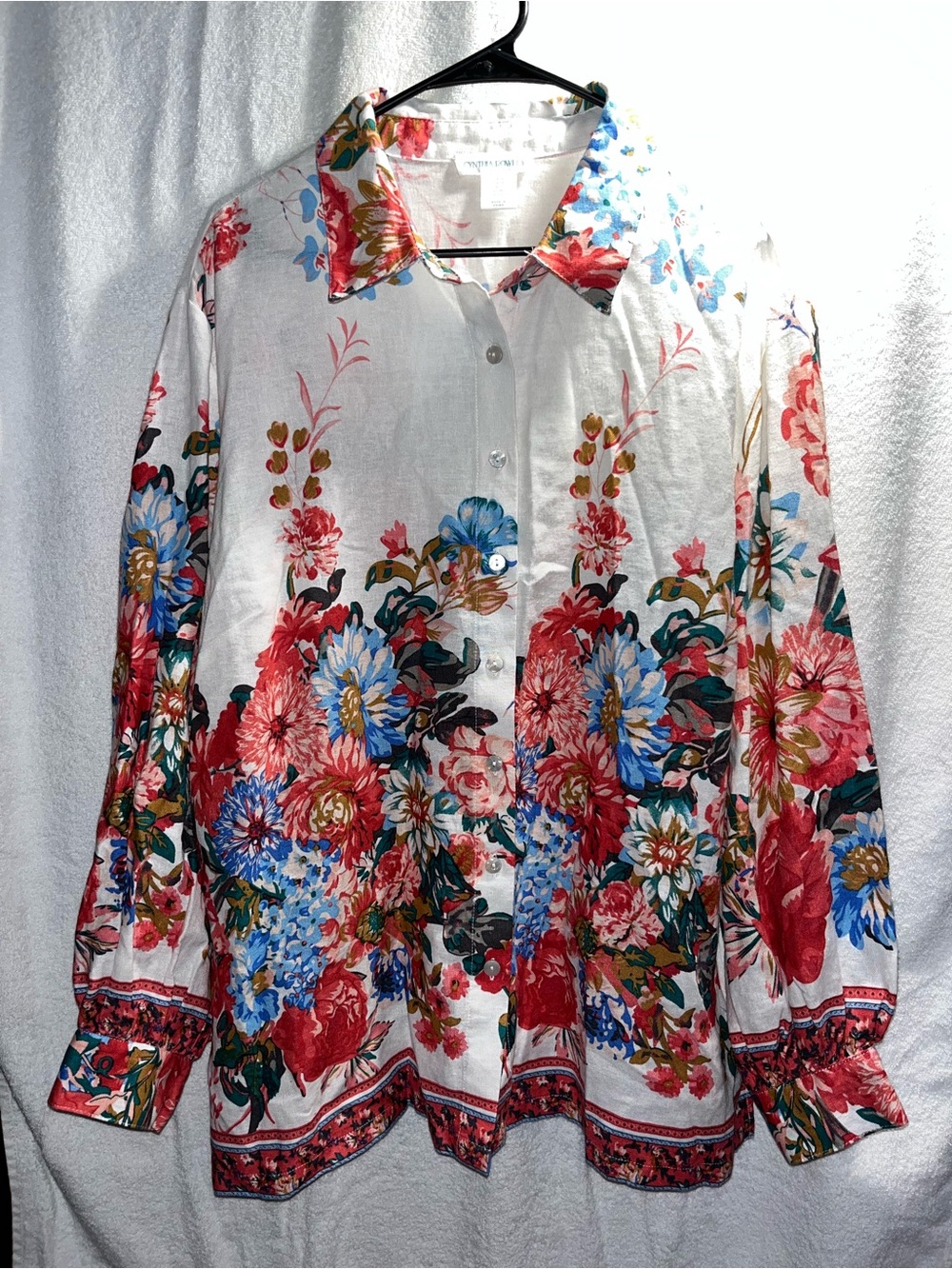 Cynthia Rowley White Button-Down with Red and Blue Floral Print 1x